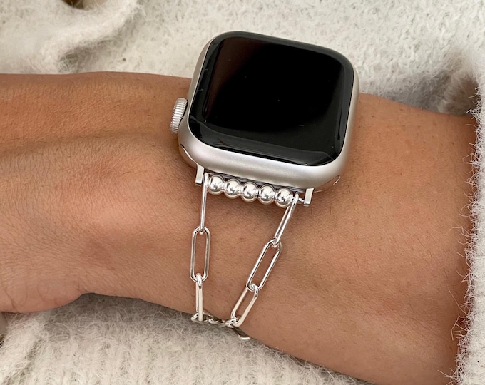 Paperclip Chain Apple Watch Band Sterling Silver Bracelet for Women, Adjustable Strap