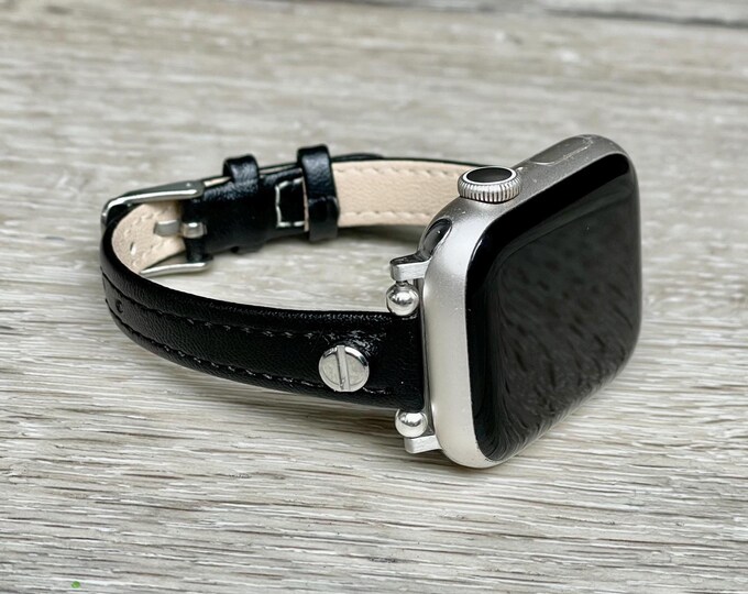 Slim Apple Watch Band Black Leather Strap 42mm 46mm 41mm 45mm 38mm 40mm 44mm, Women Style Bracelet, Silver Accents Jewelry, Adjustable Size