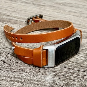 Fitbit Charge 6 Band, Brown Leather Double Wrapped Bracelet, Adjustable Wristband Strap for Fitbit Charge 6, Stylish & Durable, Gift for Her