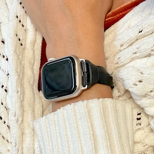 Black Leather Apple Watch Band 42mm 46mm 38mm 40mm 41mm 44mm 45mm Ultra, Slim Wrap Bracelet Silver Accents Women Strap Jewelry Gift for Her