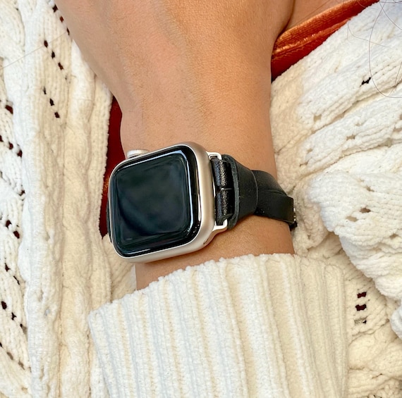 Black Leather Apple Watch Band: Slim Strap Bracelet with Silver Accents for Women