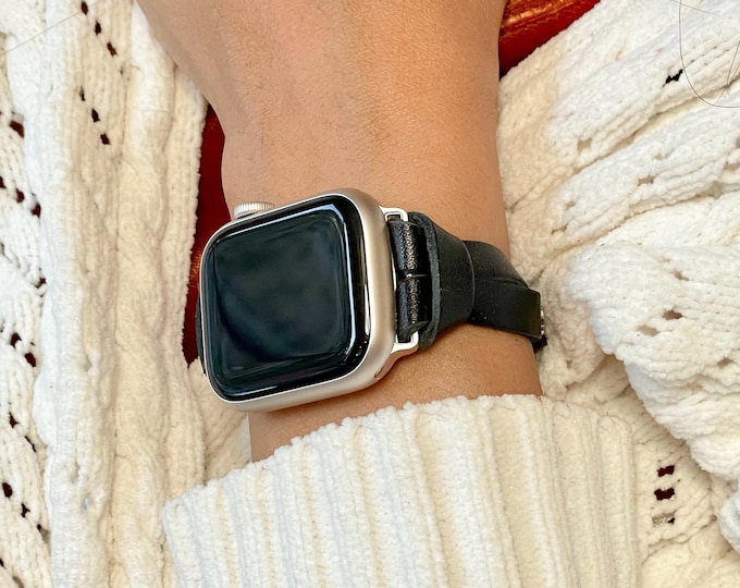 Black Leather Apple Watch Band 42mm 46mm 38mm 40mm 41mm 44mm 45mm Ultra, Slim Wrap Bracelet Silver Accents Women Strap Jewelry Gift for Her