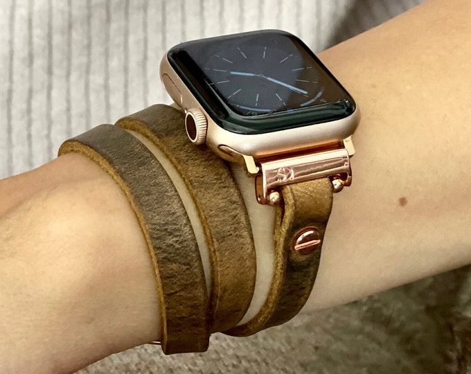 Rustic Brown Apple Watch Leather Strap Band Multi Wrap Slim iWatch Bracelet Rose Gold Finish Accents Ultra 2, 38mm 40mm 41mm 42mm 44mm 45mm