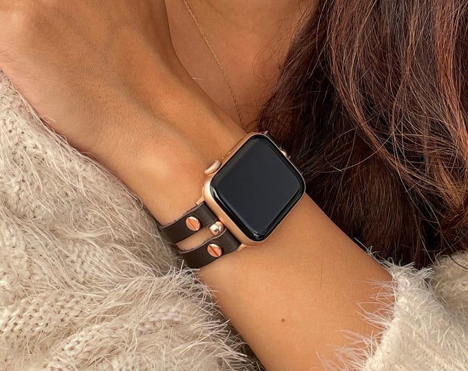 Dark Brown Leather Apple Watch Band, Double Strap Bracelet, Rose Gold Hardware, Slim, Handmade