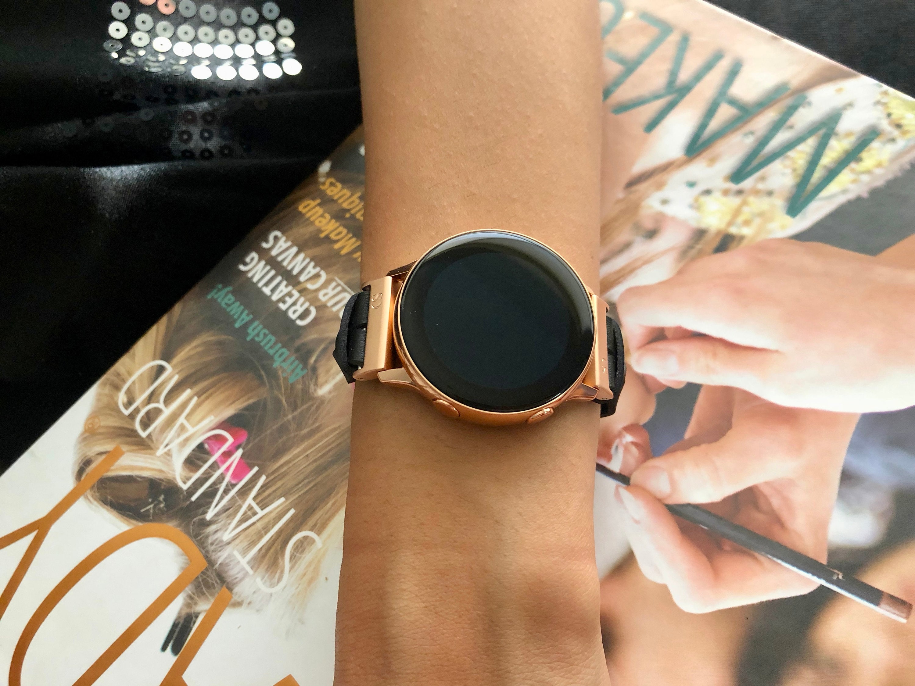 Rose Gold & Black Leather Galaxy Watch Active 40mm Bracelet Strap Adjustable Samsung Galaxy