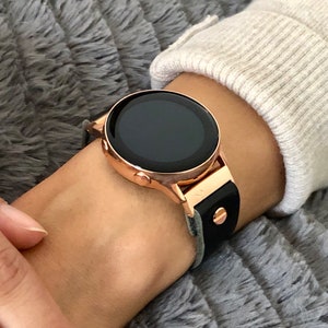 Black Leather Rose Gold Samsung Galaxy Active Band, Rose Gold Galaxy Watch Active2 Bracelet 40mm 44mm, Rose Gold Watch Band Watch Wristband