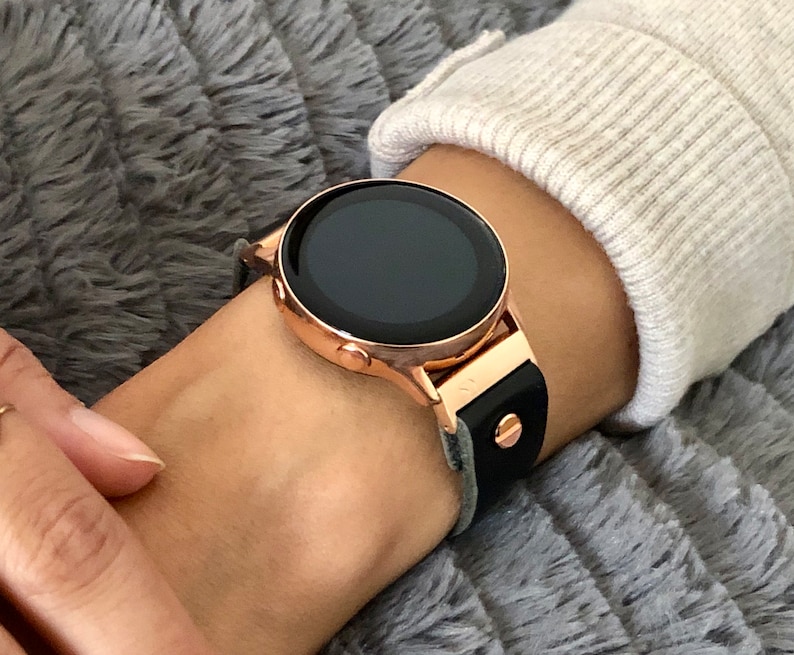 Black Leather Rose Gold Samsung Galaxy Active Band, Rose Gold Galaxy Watch Active2 Bracelet 40mm 44mm, Rose Gold Watch Band Watch Wristband image 1