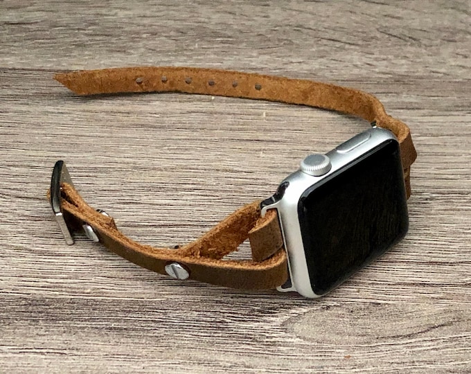 Apple Watch Band, Rustic Brown Leather Strap for Women, Slim Distressed Leather Bracelet, Unique & Stylish Accessory