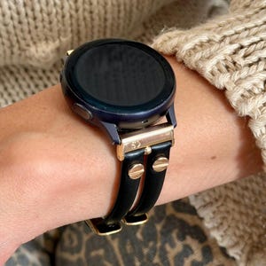 Galaxy Watch Leather Band, Slim Black Double Strap Bracelet (7/6/5/4) 20mm Quick Release Pins