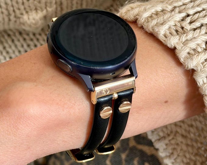 Galaxy Watch Leather Band: Slim Black Double Strap Bracelet (7/6/5/4) 20mm Quick Release Pins