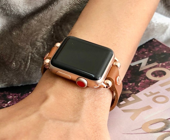 Rose Gold Apple Watch Band 38mm 40mm 41mm 42mm 44mm 45mm Adjustable Size  Double Strap iWatch Black Leather Bracelet for Women Handcrafted Wristband