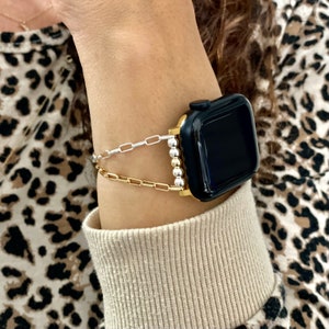 Elegante cinturino per Apple Watch da donna Bracciale a catena in metalli misti in argento sterling e oro, cinturino per Apple Watch bicolore immagine 4