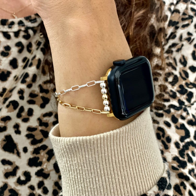 Elegante cinturino per Apple Watch da donna Bracciale a catena in metalli misti in argento sterling e oro, cinturino per Apple Watch bicolore immagine 4