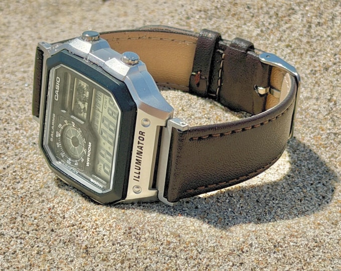 Dark Brown Leather Watch Band Strap for Casio AE1200WHD Silver Adapters Bracelet, Adjustable Size