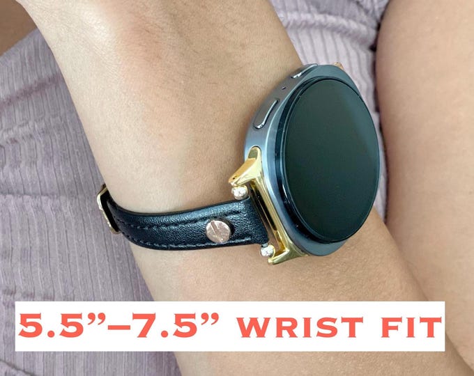 Slim Leather Band for Galaxy Watch 8 & 8 Classic, Black, Adjustable, Gold or Silver Hardware