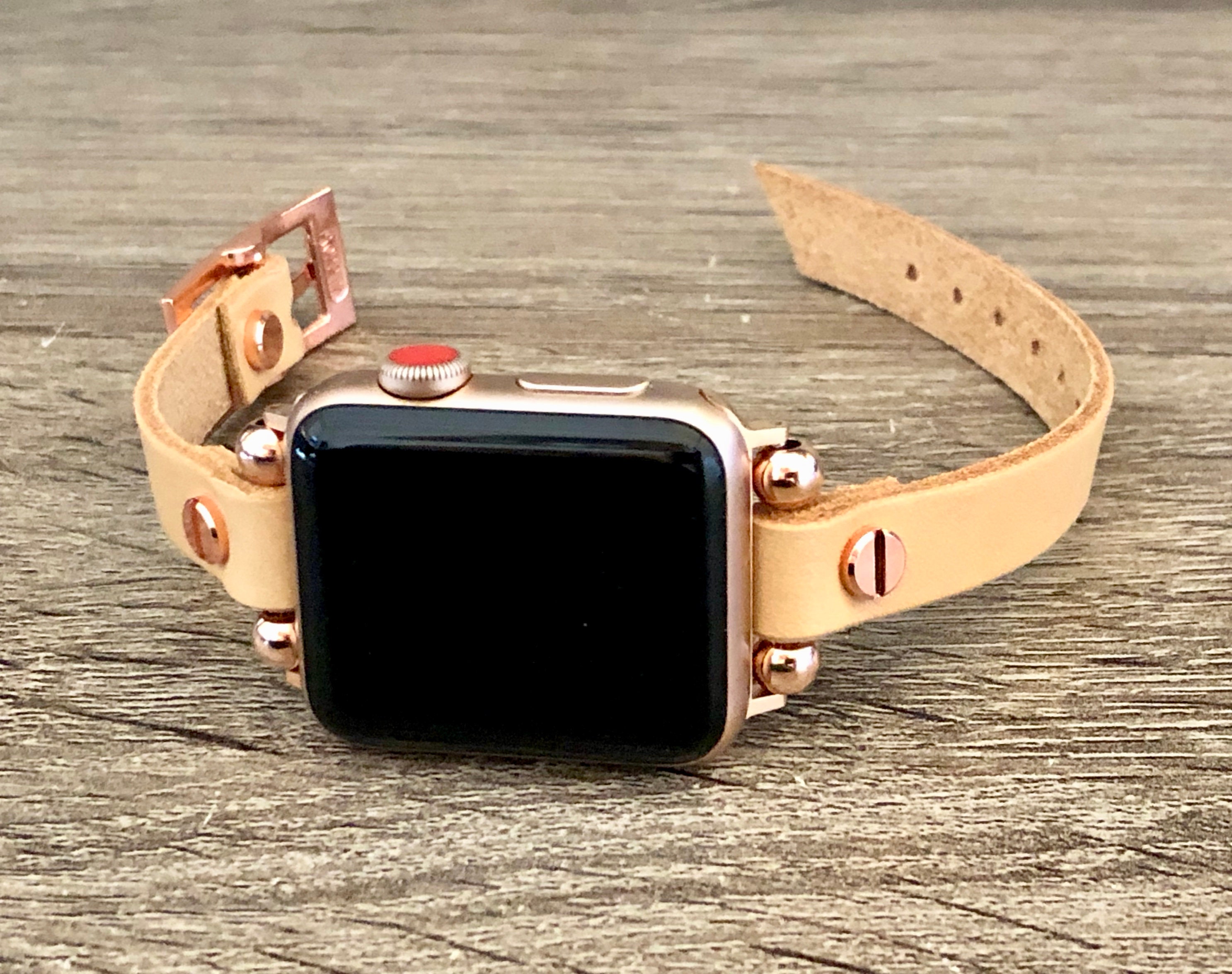 Slim Beige Leather Apple Watch Band 40mm 41mm 44mm 45mm Women Style