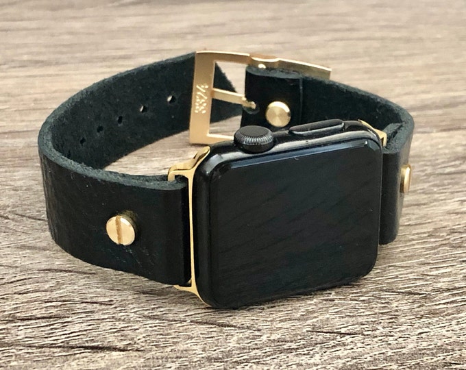 Black Genuine Leather Apple Watch Strap Band 38 40 41 42 44 45 mm iWatch Bracelet Formal Style Replacement Wristband Gold Accents Watchband