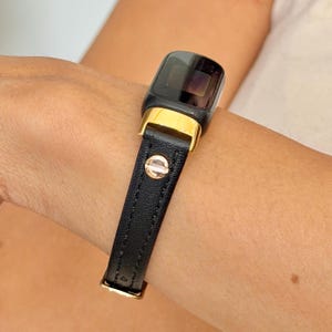 Slim Black Leather Fitbit Inspire 3 Band Strap Women Bracelet, Gold/Silver Accents