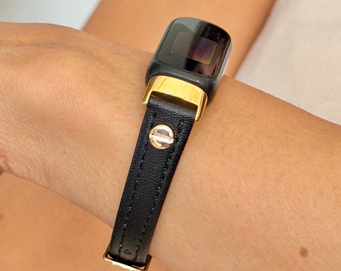 Slim Black Leather Fitbit Inspire 3 Band Strap Women Bracelet, Gold/Silver Accents
