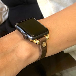 Rustic Brown Leather Apple Watch Band: Slim Gold Accent Strap Bracelet, 42mm/46mm