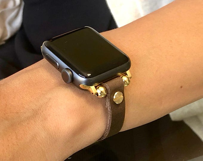 Rustic Brown Leather Apple Watch Band: Slim Gold Accent Strap Bracelet, 42mm/46mm