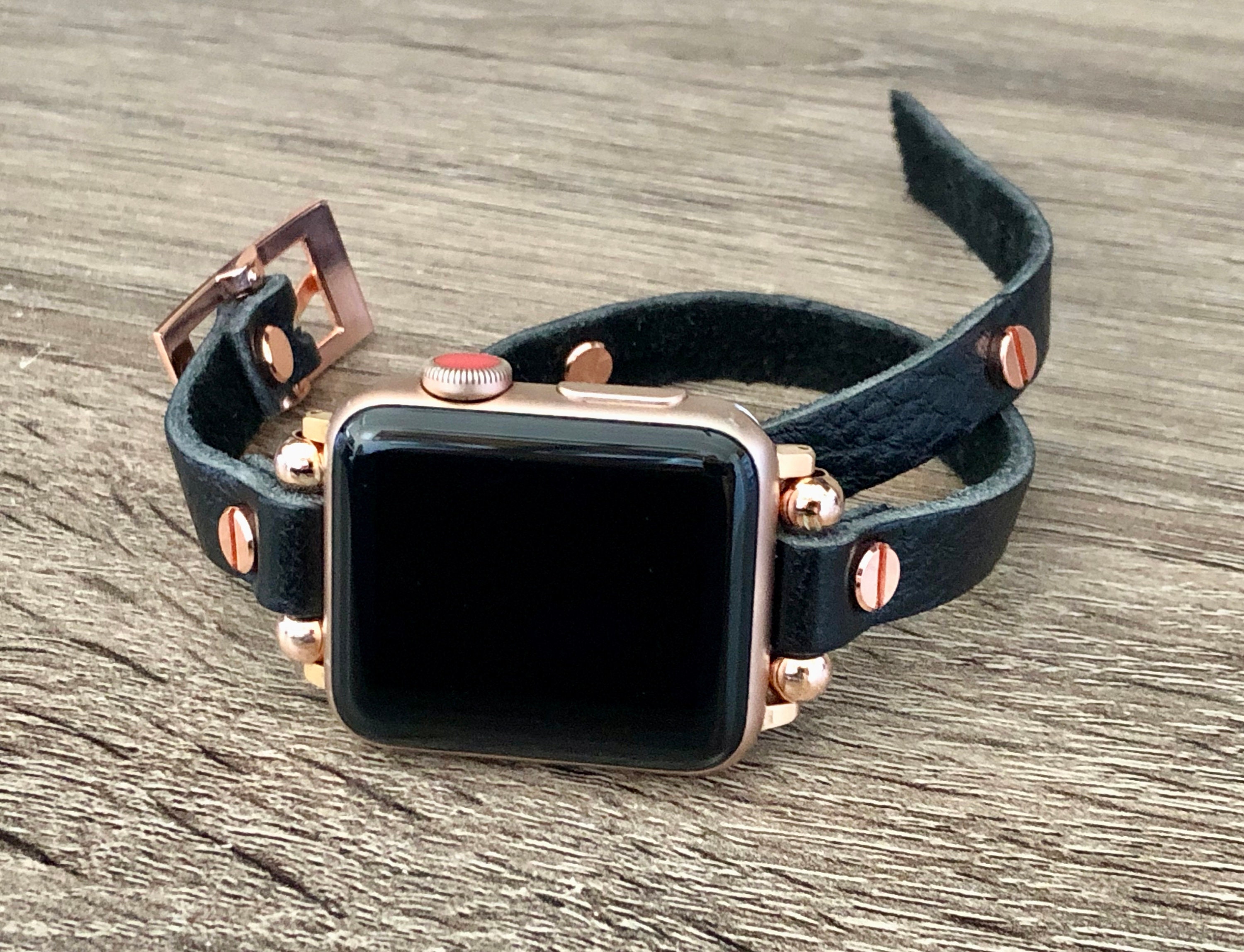 Black Leather Rose Gold Apple Watch 38mm 40mm 42mm 44mm Band Women