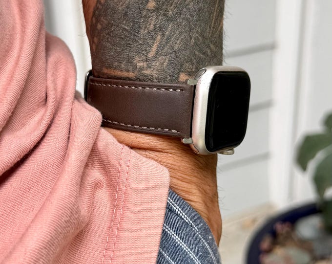 Genuine Leather Apple Watch Band, Stitched Brown Strap, Adjustable Bracelet