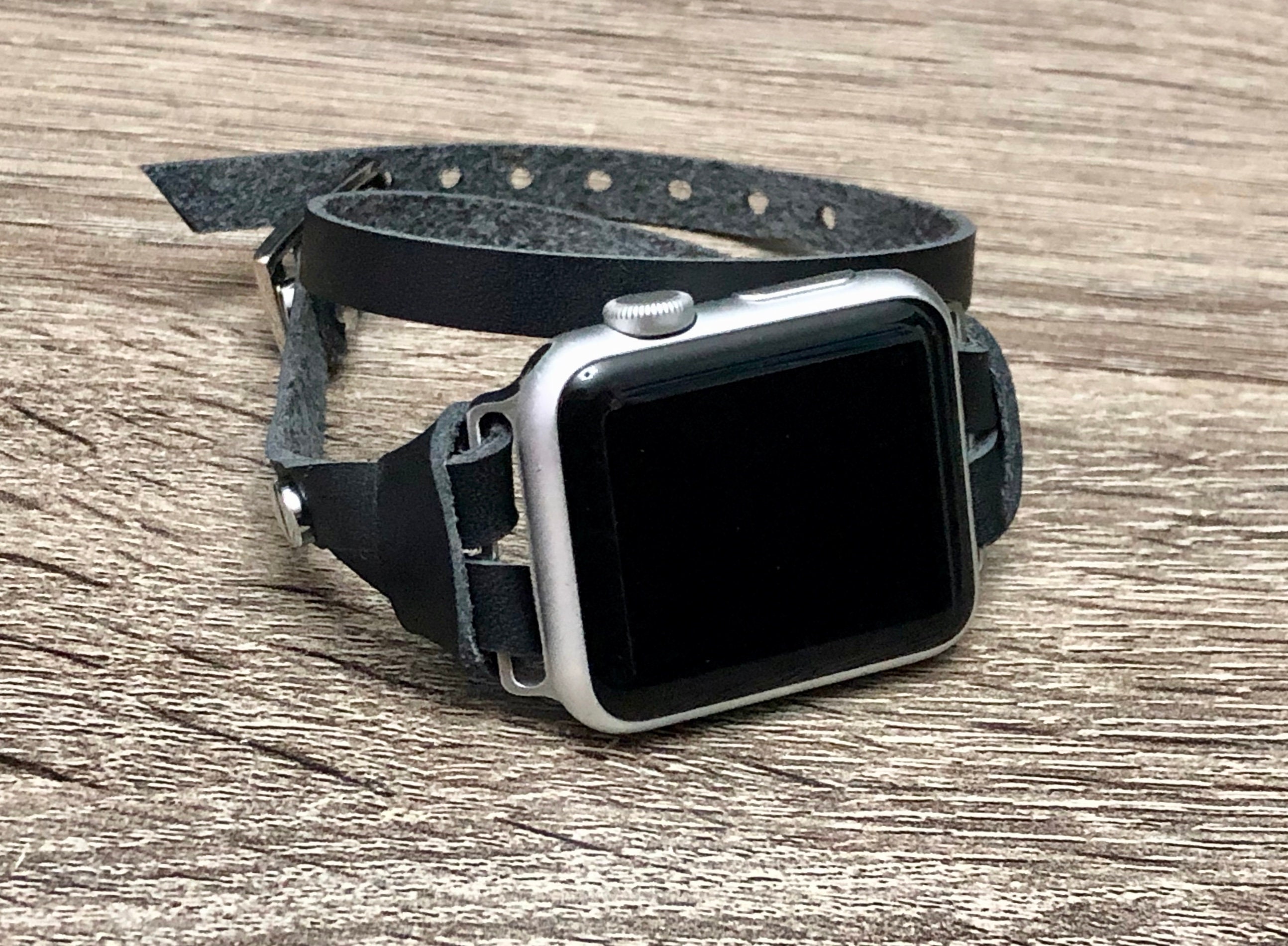 Black Leather Apple Watch Band 38mm 40mm 41mm 42mm 44mm 45mm Double
