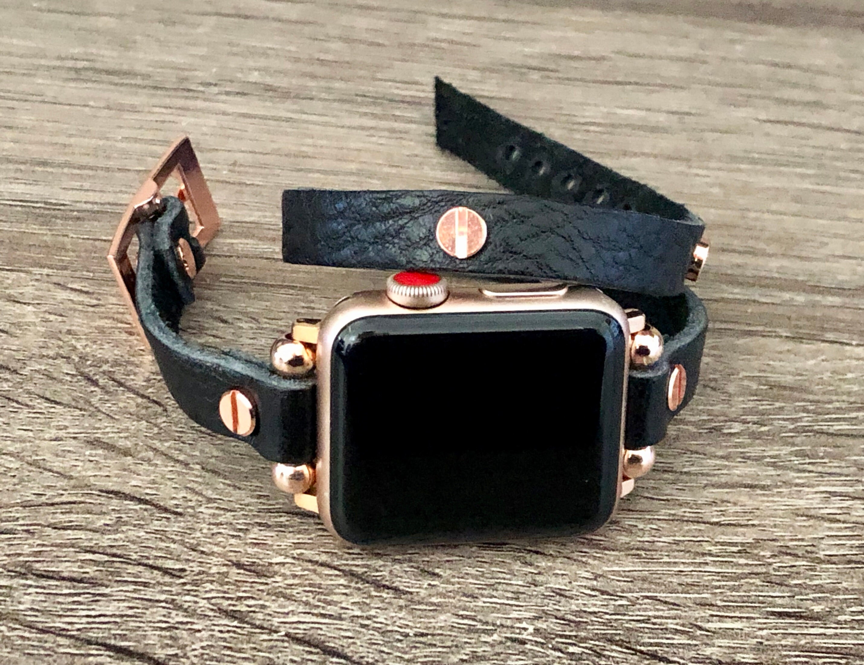 Black Leather Rose Gold Apple Watch 38mm 40mm 42mm 44mm Band Women