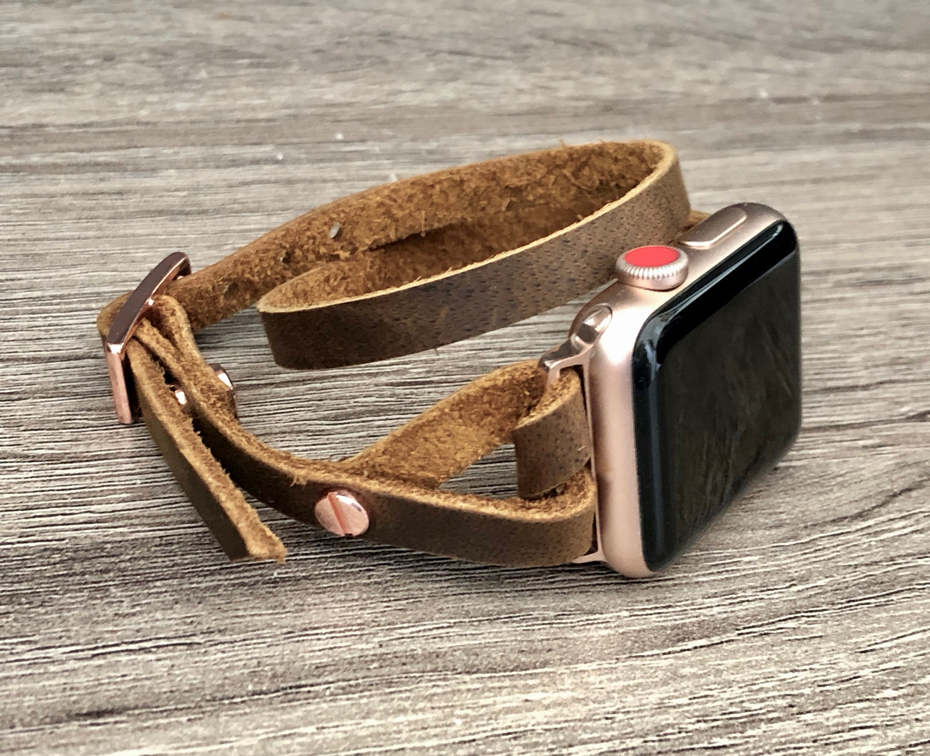 Rose Gold & Brown Leather Apple Watch Band 38mm 40mm 42mm 44mm Apple