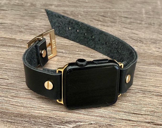Gold Apple Watch Band, 38mm 40mm 42mm 44mm Black Leather iWatch Bracelet, Apple Watch Bands, Apple Watch Strap