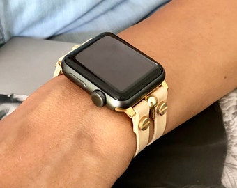 Vegan Leather Apple Watch Bracelet Cream Color & Gold Apple Watch Band 38mm 40mm 42mm 44mm Women iWatch Band Jewelry Cuff Wristband