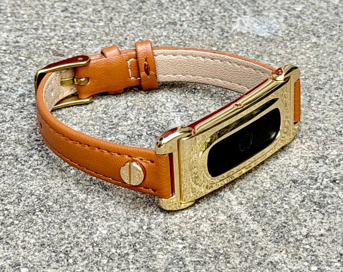 Brown Leather Fitbit Air Band 12mm Genuine Leather Strap, Gold Hardware, Adjustable 5.5" - 7.5"