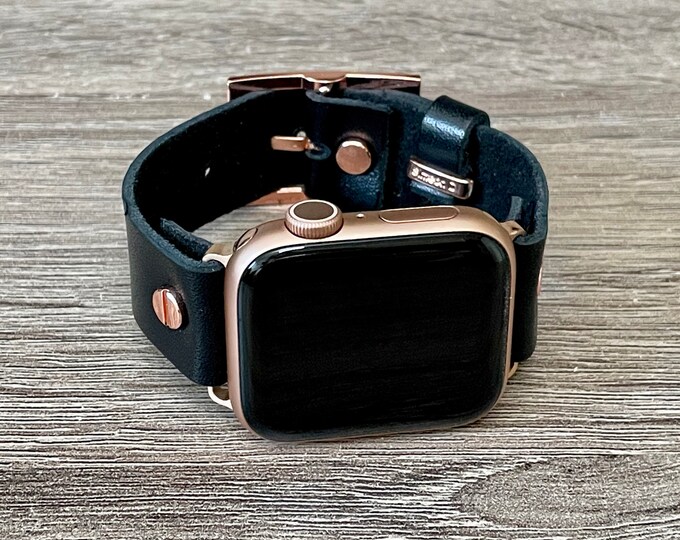 Black Leather Apple Watch Band: Adjustable Strap Bracelet, Rose Gold Hardware