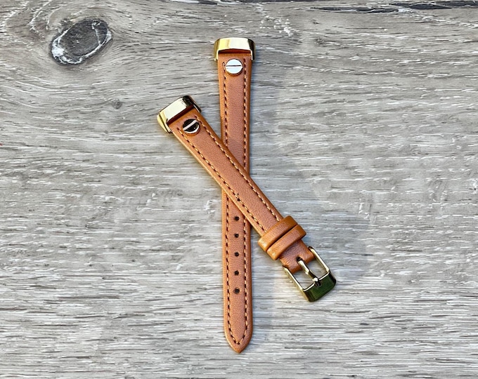Women Fitbit Luxe Band Light Brown Leather Bracelet Gold Accents Slim Strap