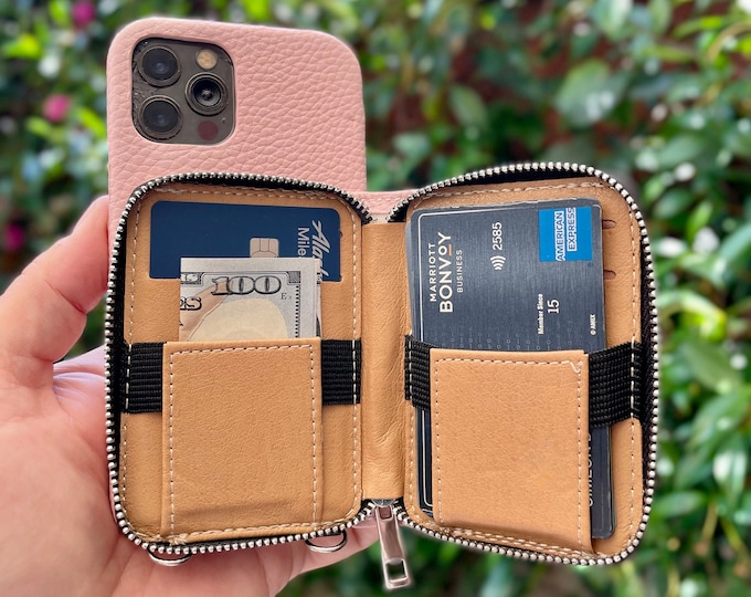 Personalized Crossbody Shoulder Strap Phone Case for iPhone 12/13/14/15 Pro Plus Max - Grain Leather Phone Case - Elegant Zipper Card Wallet