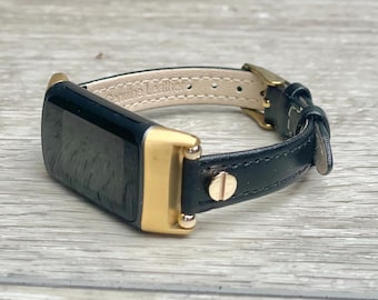 Correa fina de cuero genuino para Fitbit Charge 6, con detalles en plata y oro