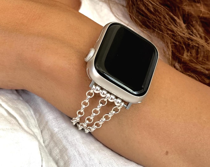 Sterling Silver Apple Watch Band Chain Strap Bracelet, Luxury Women's Jewelry