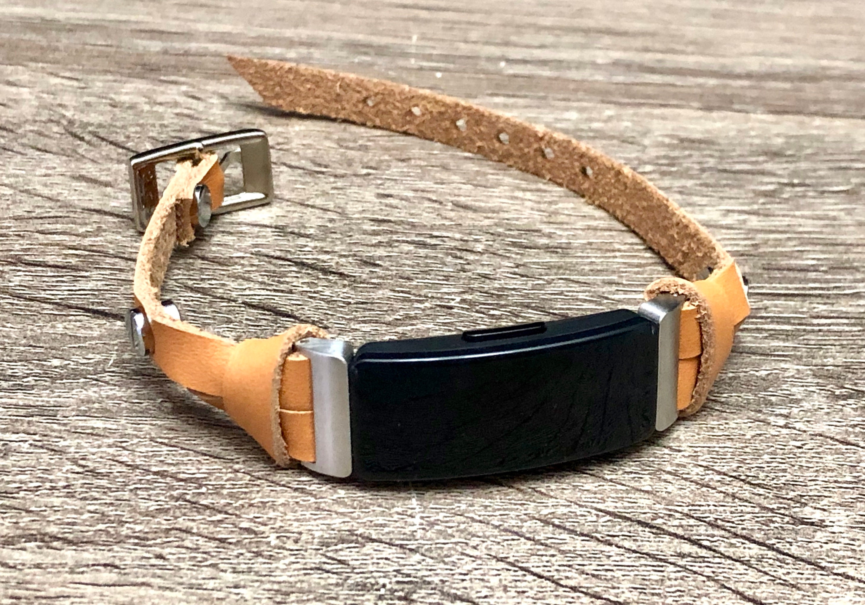 Beige Leather Fitbit Inspire HR Band, Silver Fitbit Inspire Strap Bracelet, Tan Leather Fitbit