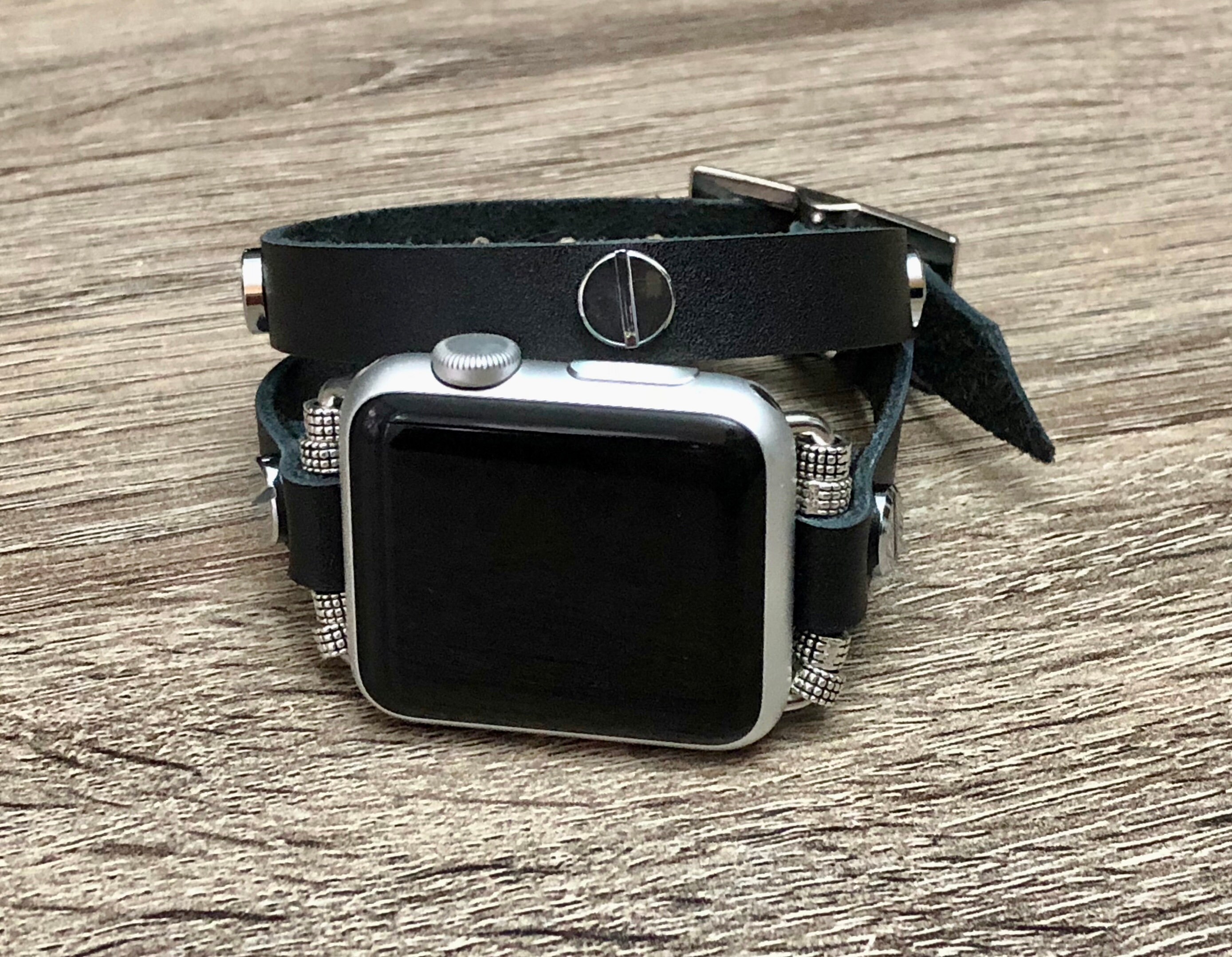 Black Leather Apple Watch Band iWatch Band Unisex Double Wrapped iWatch