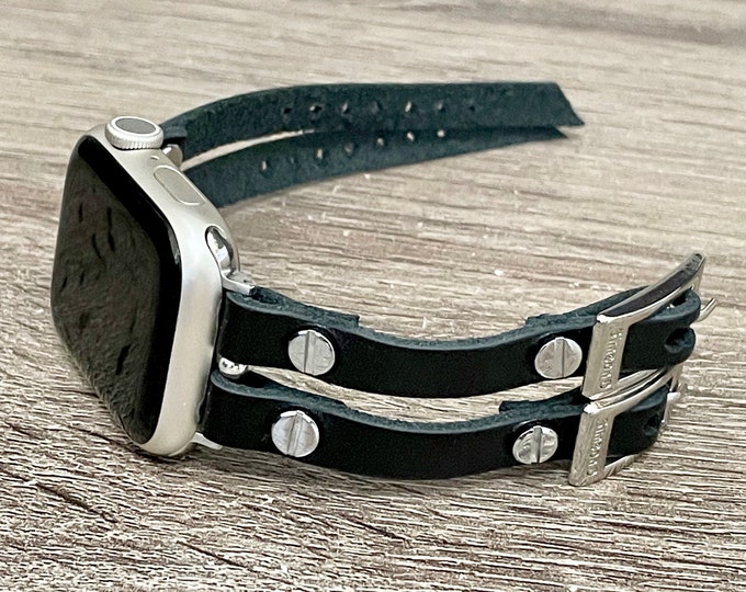 Black Leather Apple Watch Band Double Straps Bracelet with Silver Accents, Slim Strap iWatch Bracelet for Women, Durable Armband Jewelry