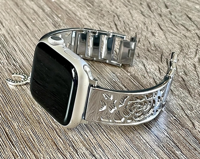 Feminine Apple Watch Band Silver Charm Bracelet 46mm 42mm 49mm 41mm 45mm 40mm 45mm 38mm, Luxury Women Jewelry, Adjustable Links Metal Band
