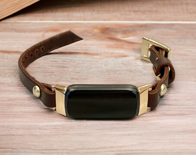Dark Brown Leather & Gold Fitbit Luxe Band, Women Fitbit Luxe Strap, Slim Fitbit Luxe Bracelet, Italian Leather Fitbit Luxe Feminine Band