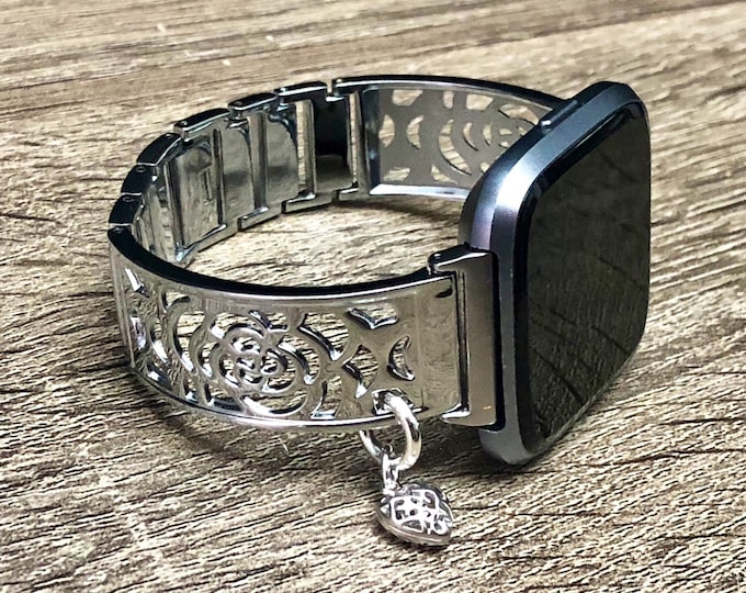 Fitbit VERSA Band Women Shiny Silver Fitbit Versa 2 Bangle Silver Heart Medallion Bracelet Fitbit Versa Lite Bracelet Watch Jewelry