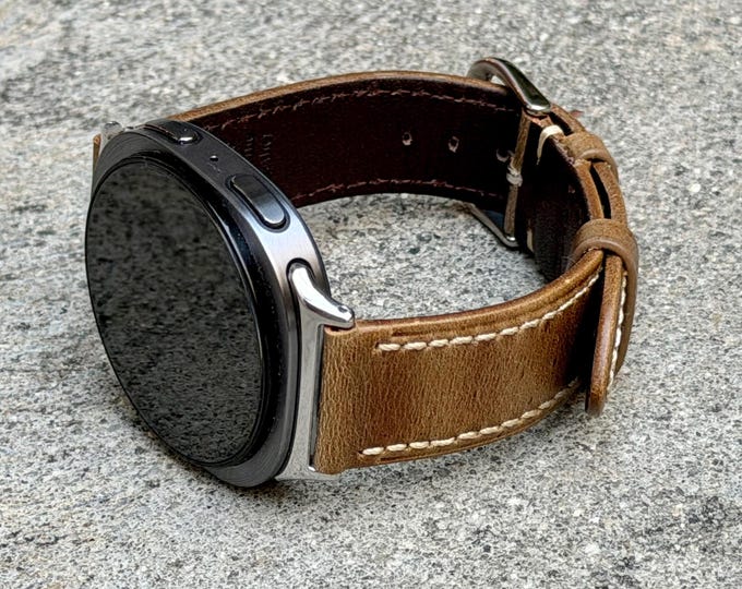 Vintage Tan Leather Galaxy Watch 8 Band, Classic Adjustable Size Strap for Men