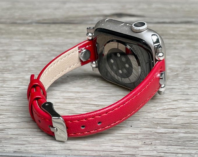 Slim Red Leather Apple Watch Band Women Strap 42mm 46mm 41mm 40mm 38mm 44mm 45mm Ultra 2, Adjustable Size Bracelet, Feminine Style Jewelry