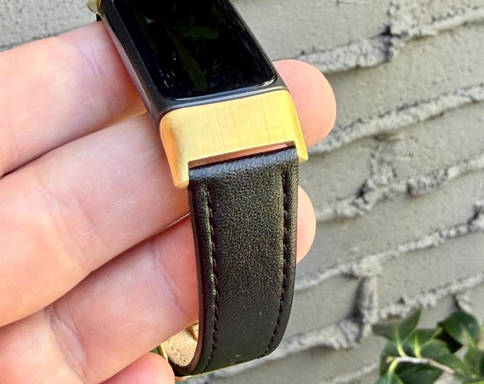Genuine Black Leather Fitbit Charge 6 Band, Adjustable Stitched Strap, Gold or Silver Hardware