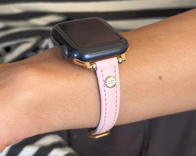 Slim Pink Leather Apple Watch Band for Women, Adjustable Bracelet Strap, Gold or Silver