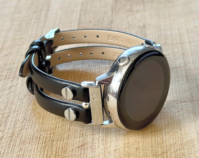 Galaxy Watch Leather Band - Slim Black Double Strap Bracelet, 20mm Pins (Ultra/7/6/5/4)