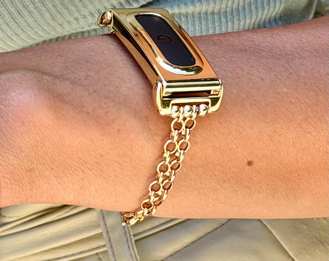 14K Gold Filled Chain Fitbit Air Band, Women Jewelry Bracelet with Stainless Steel Case